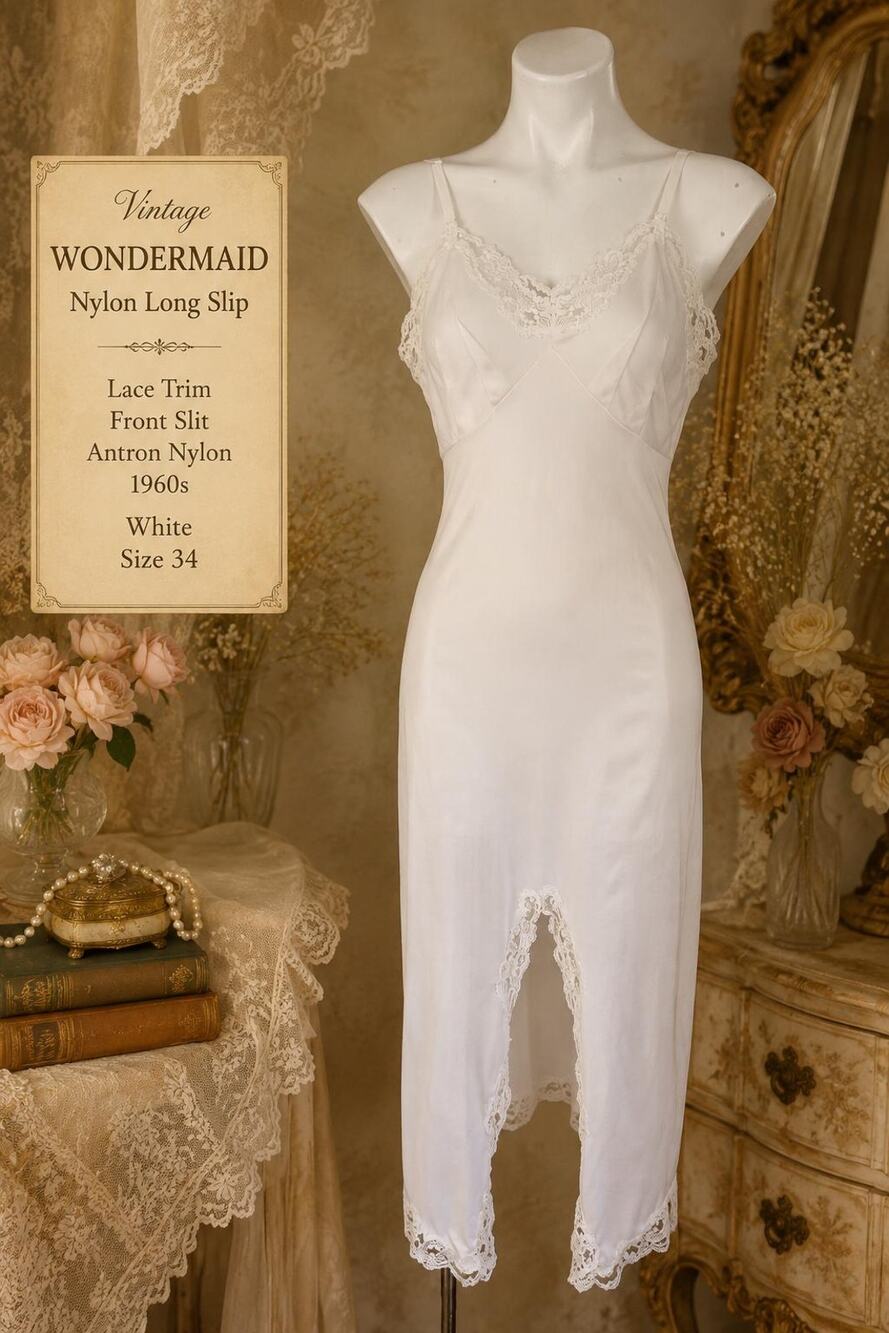 Vintage Wondermaid Nylon Long Slip Lace Trim Front Slit 60s White Slip Dress 34